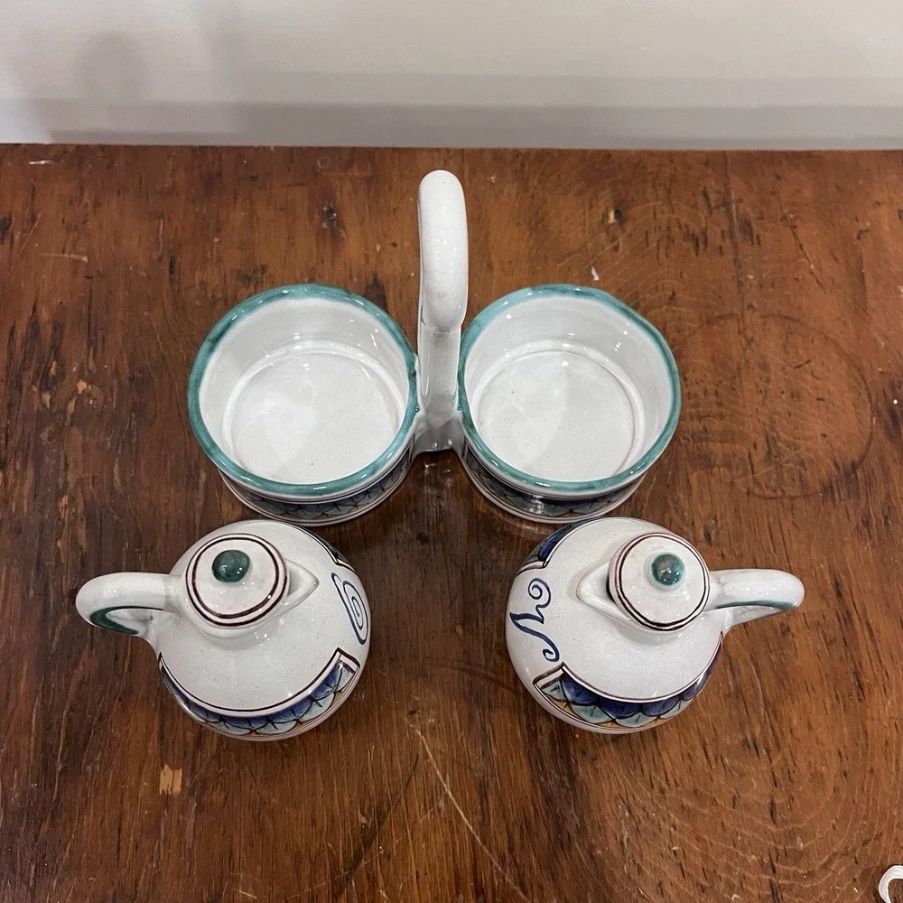 Colorful Pair Oil Vinegar Cruet Set w/ Caddy Hand Painted Made‎ in Italy